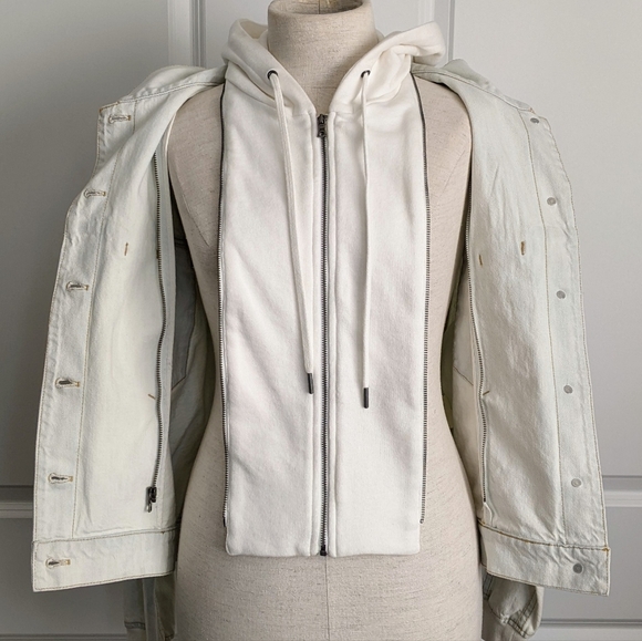 alice + olivia Jacket Denim Jean Removable Zip Out Hood Bleached Indigo L NWT - Picture 9 of 16